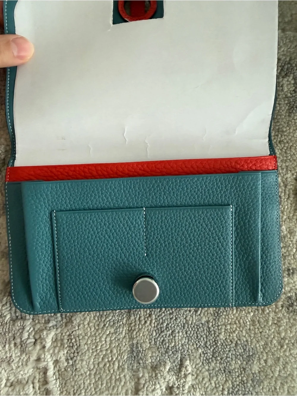 Luxury Togo Leather Teal and Red Double Wallet